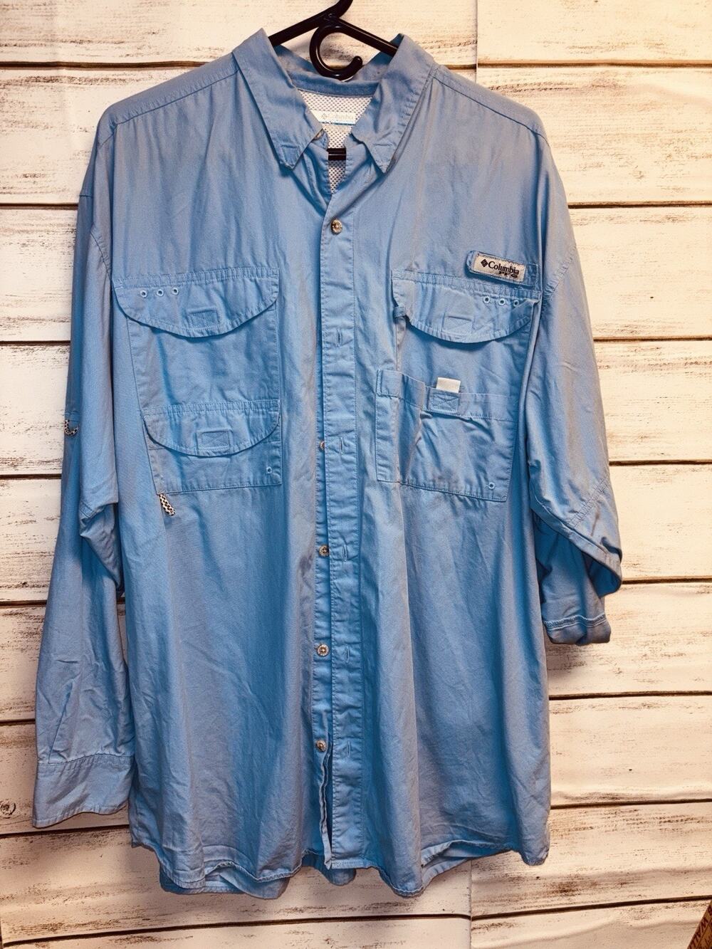 Columbia Shirt Mens L Blue Fishing Vented LS Button Tab s READ See Pics